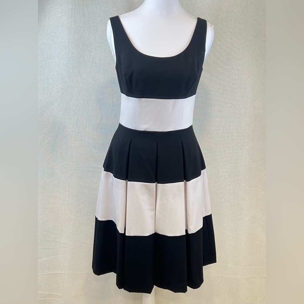 Lauren Ralph Lauren Black White Stripe Fit Flare Dress Pleated Sleeveless Sz 0